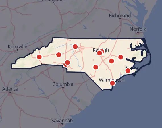 Map of card shows in North Carolina