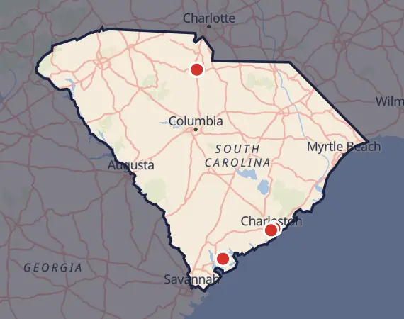 Map of card shows in South Carolina
